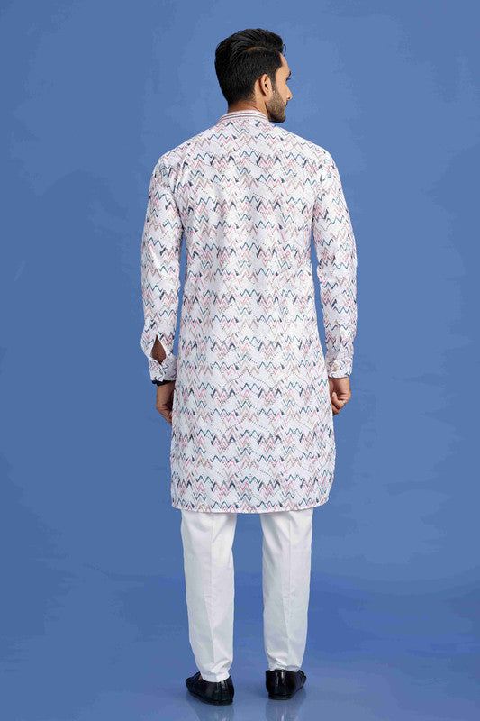 Men's Pink And Blue Cotton Embroidery Collar Neck Pajama Set