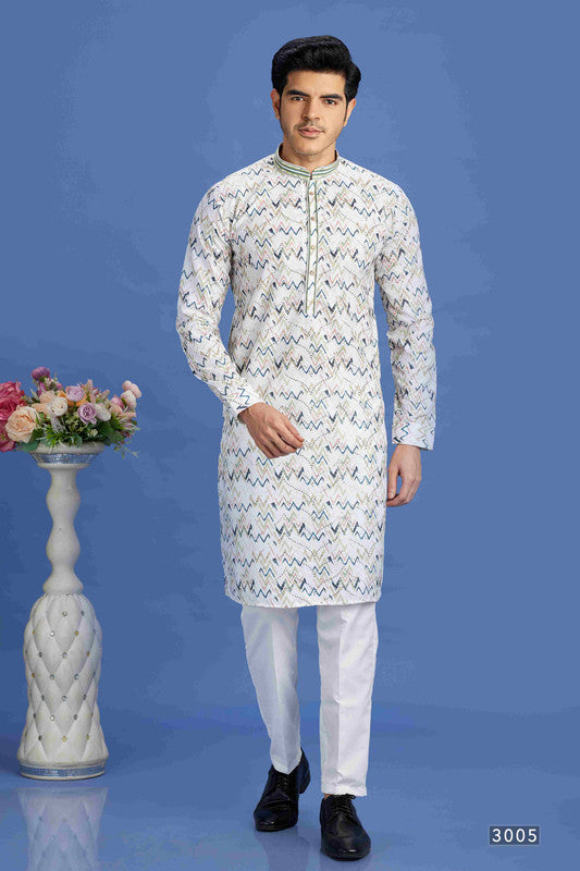 Men's Blue Cotton Embroidery Collar Neck Pajama Set