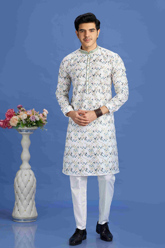 Men's Blue Cotton Embroidery Collar Neck Pajama Set