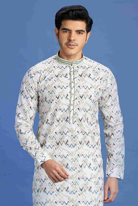 Men's Blue Cotton Embroidery Collar Neck Pajama Set