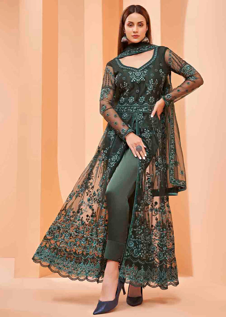 Dark Green Slit Net Cut Lehenga Suit with Embroidery By Qivii