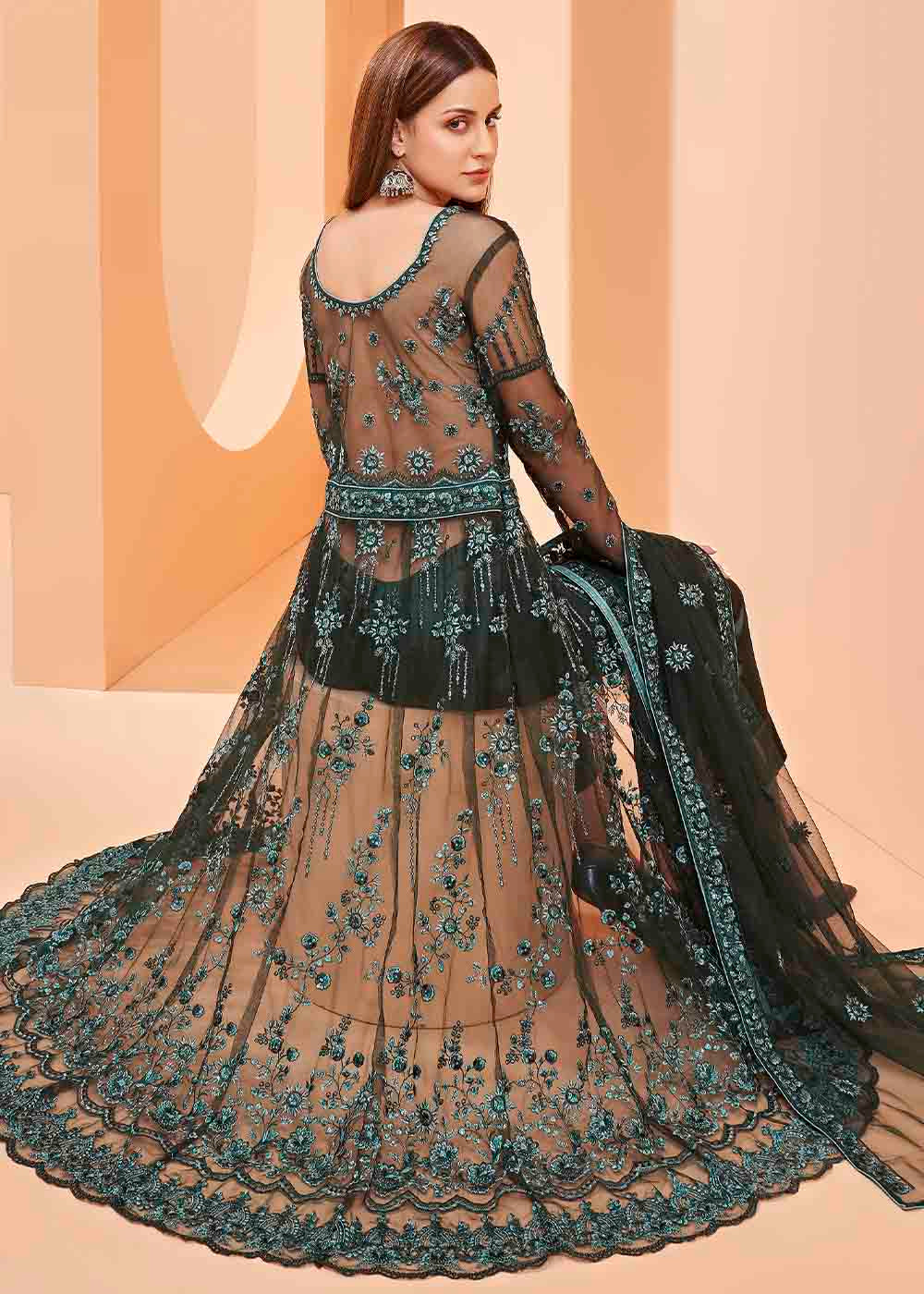 Dark Green Slit Net Cut Lehenga Suit with Embroidery By Qivii