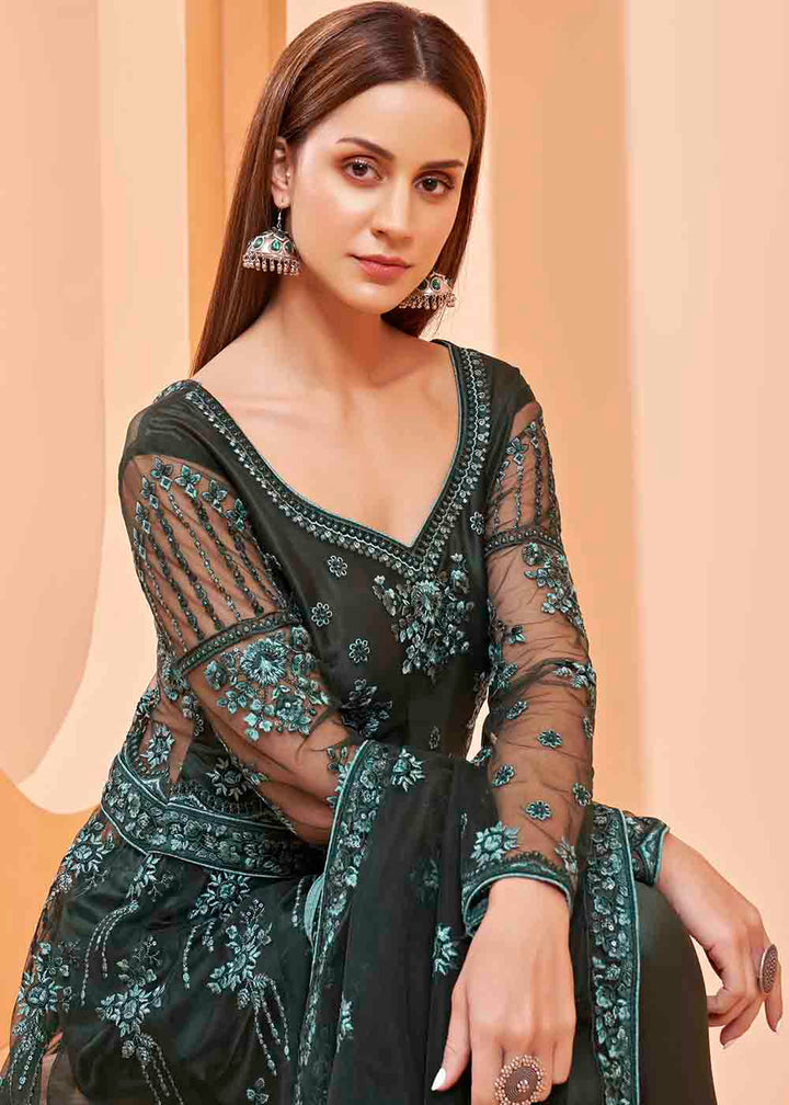 Dark Green Slit Net Cut Lehenga Suit with Embroidery By Qivii