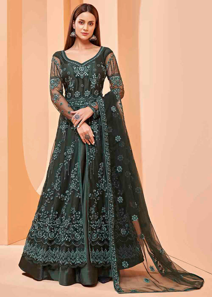 Dark Green Slit Net Cut Lehenga Suit with Embroidery By Qivii