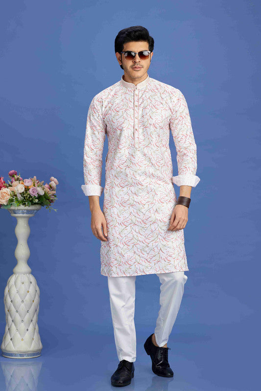 Men's Pink Cotton Embroidery Collar Neck Pajama Set