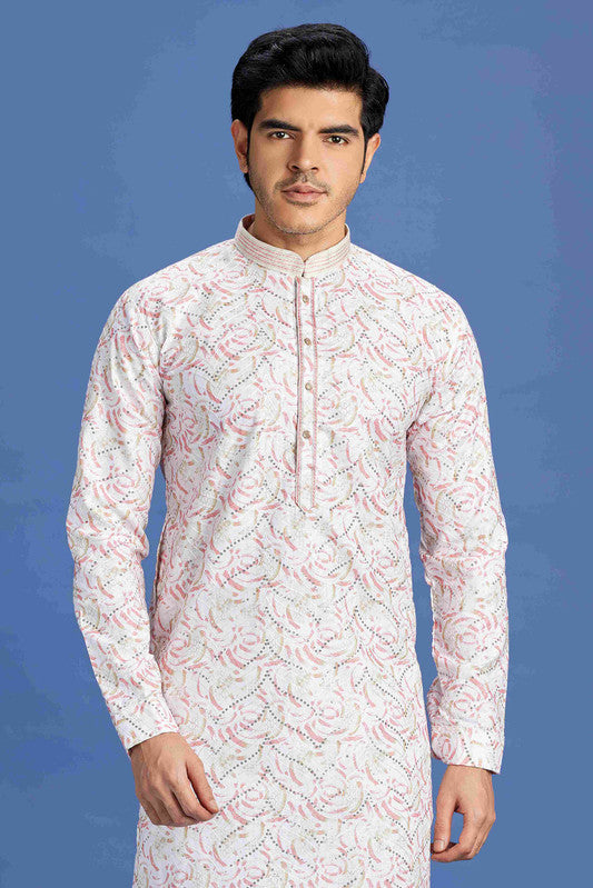 Men's Pink Cotton Embroidery Collar Neck Pajama Set