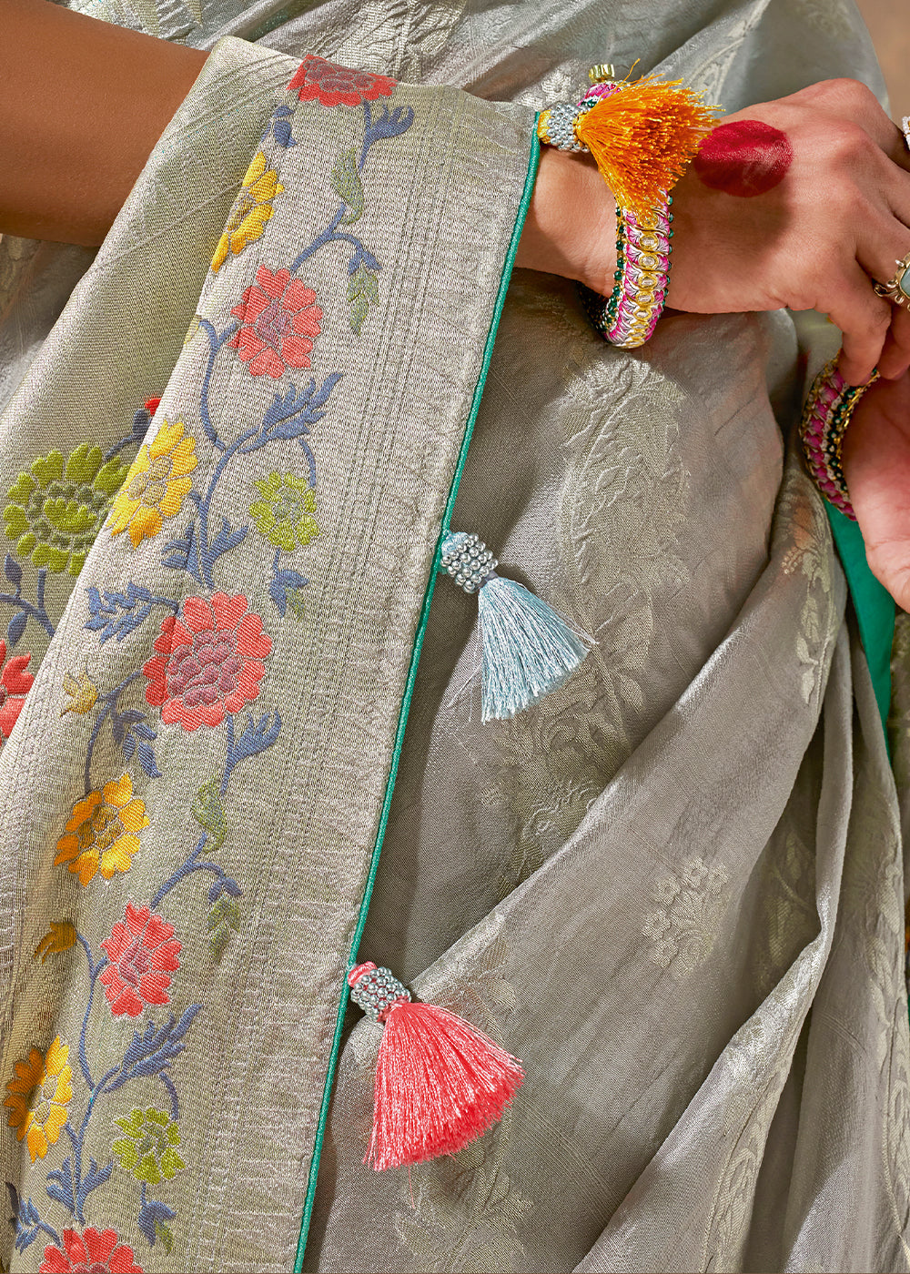 Rhino Grey Munga Silk Saree with Zari work & Woven with Resham in Floral Motifs