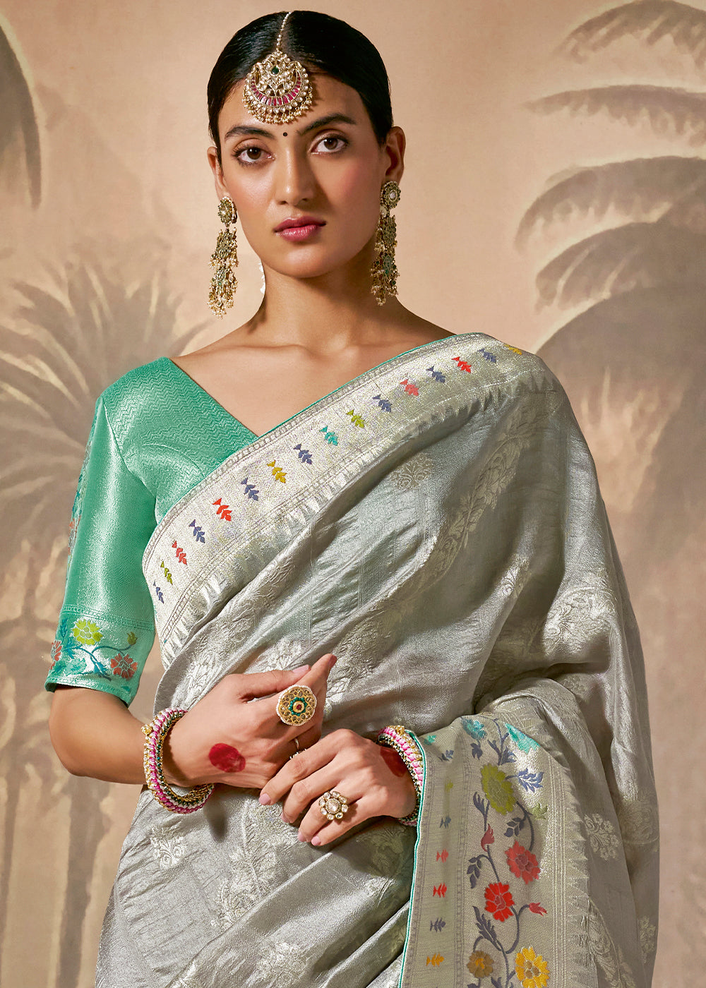 Rhino Grey Munga Silk Saree with Zari work & Woven with Resham in Floral Motifs