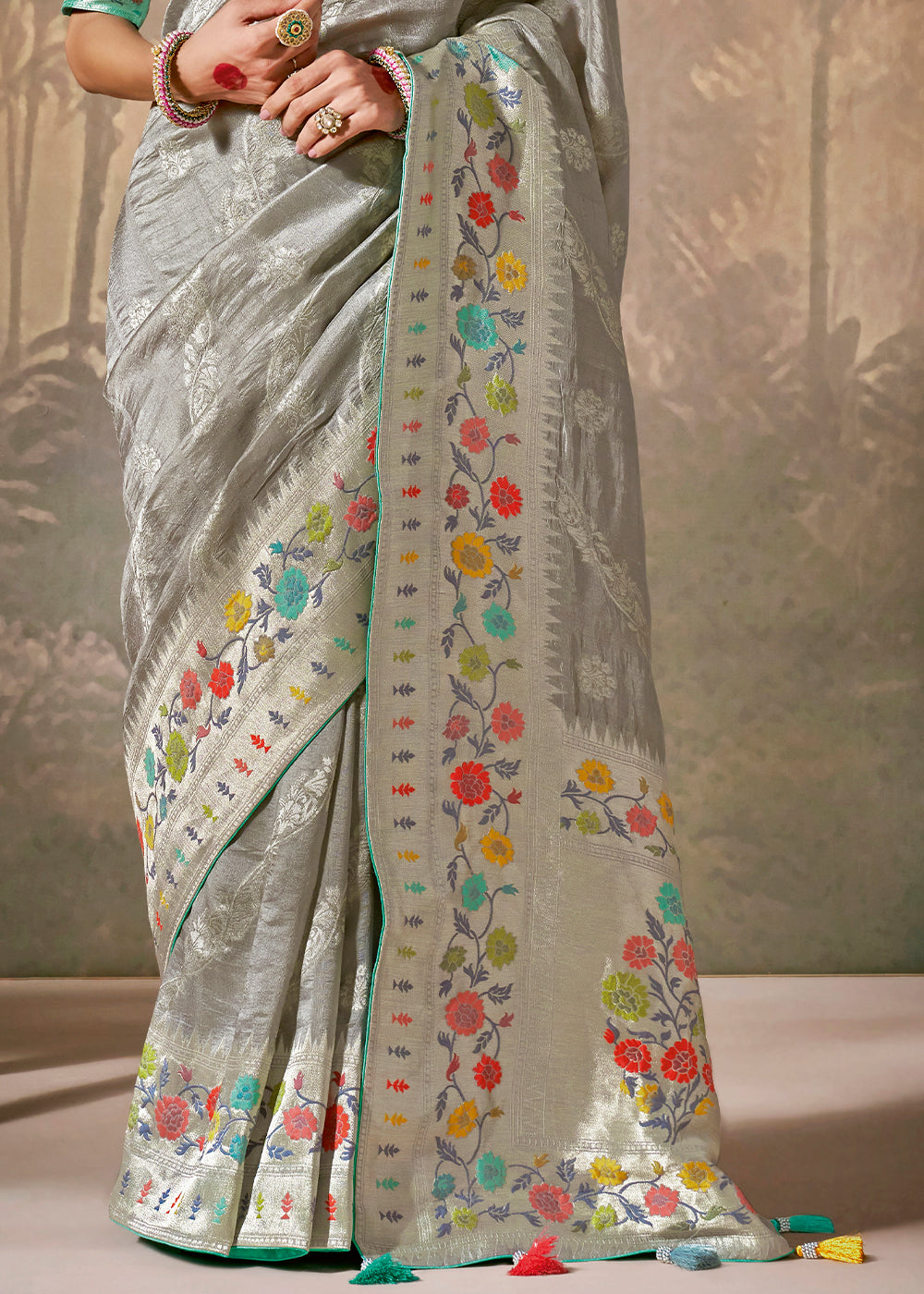 Rhino Grey Munga Silk Saree with Zari work & Woven with Resham in Floral Motifs