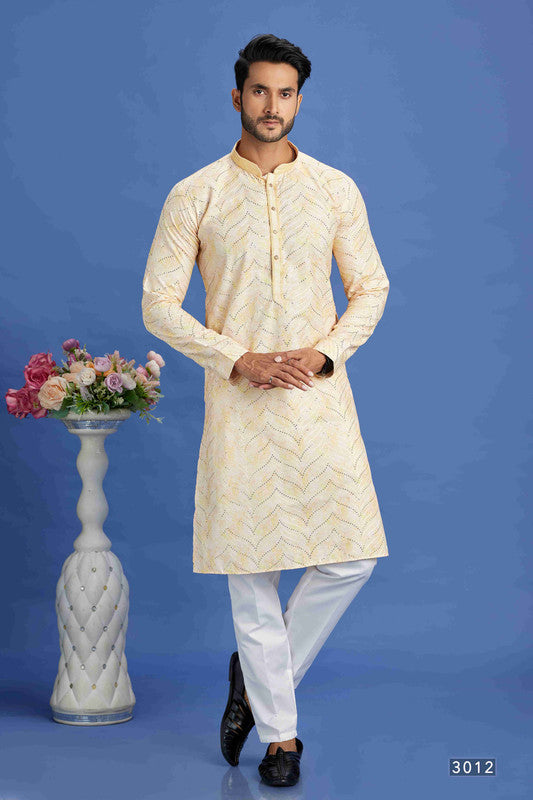 Men's Yellow Cotton Embroidery Collar Neck Pajama Set