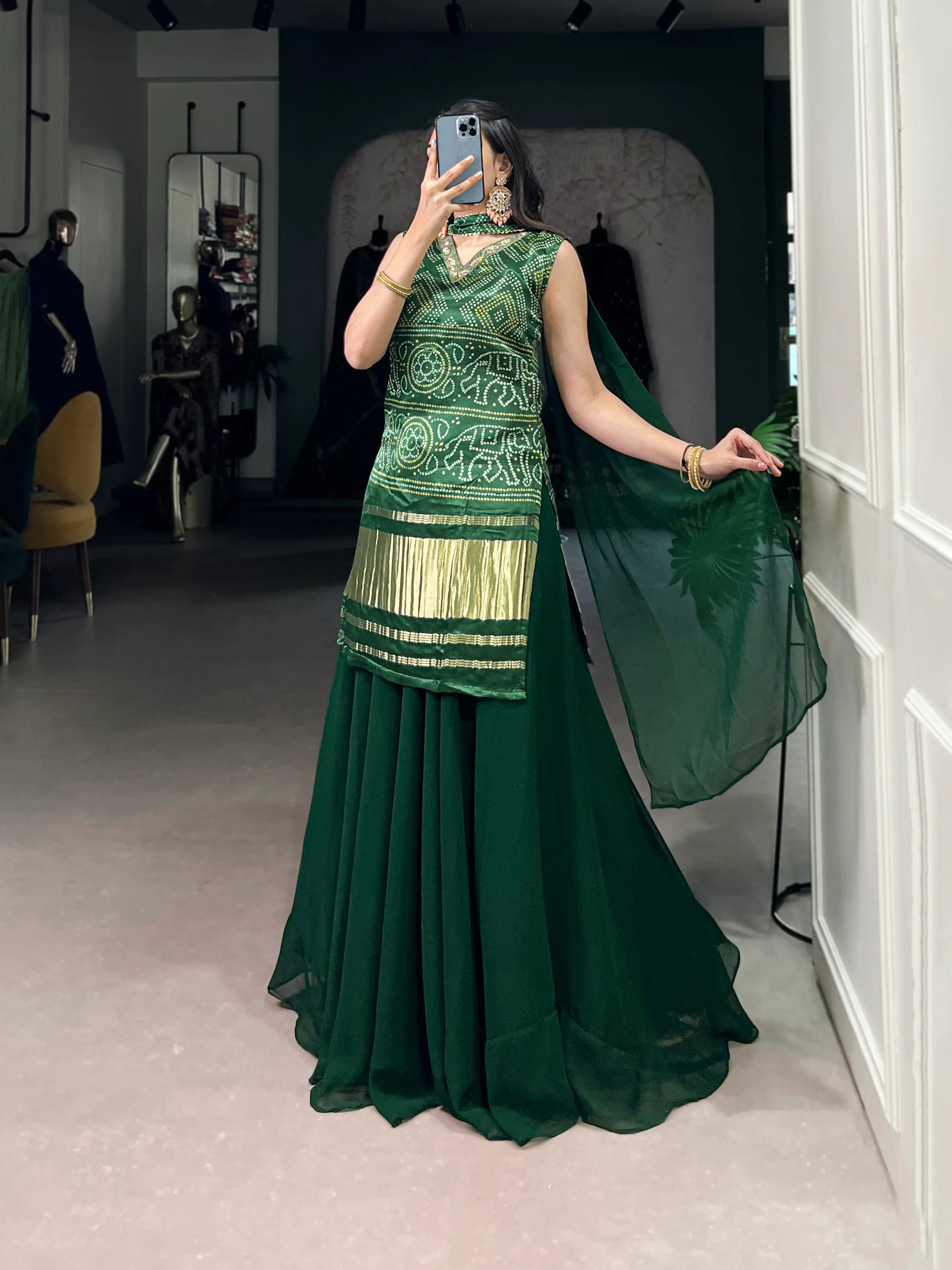 Green Gaji Silk Palazzo Salwar Suit With Print & Hand Work