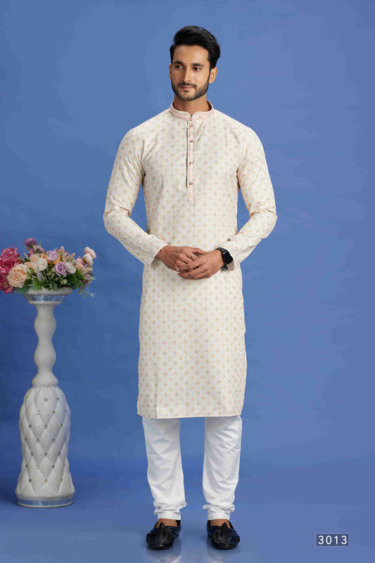 Men's Beige And Yellow Cotton Embroidery Collar Neck Pajama Set