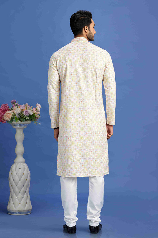Men's Beige And Yellow Cotton Embroidery Collar Neck Pajama Set