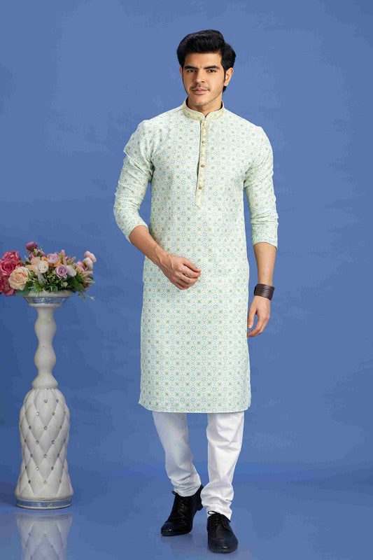 Men's Sea Green Cotton Embroidery Collar Neck Pajama Set