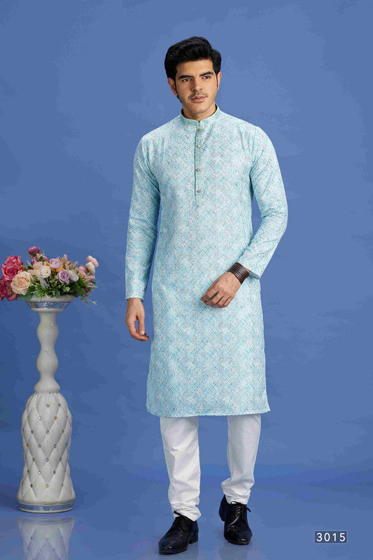Men's Sky Blue Cotton Embroidery Collar Neck Pajama Set