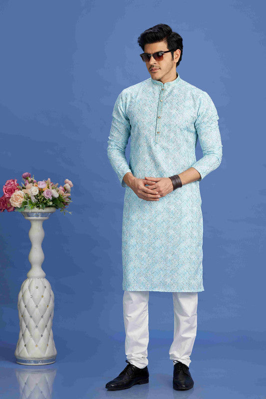 Men's Sky Blue Cotton Embroidery Collar Neck Pajama Set
