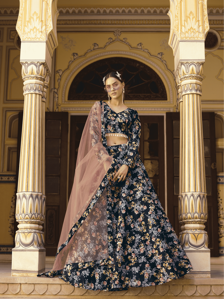 Navy Blue Color Art Silk Fabric Printed Sangeet Wear Lehenga Choli