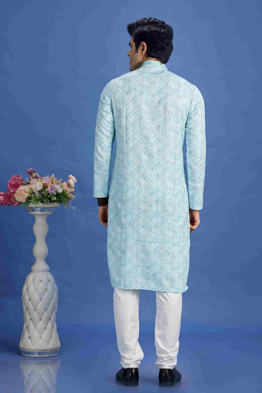 Men's Sky Blue Cotton Embroidery Collar Neck Pajama Set