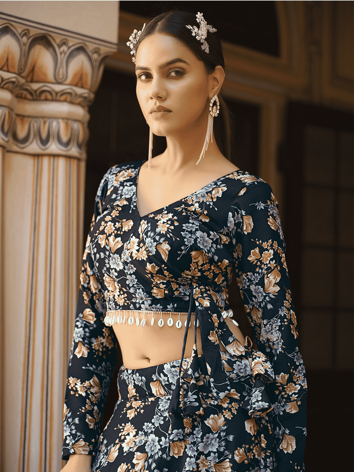 Navy Blue Color Art Silk Fabric Printed Sangeet Wear Lehenga Choli