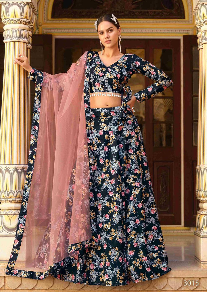 Navy Blue Color Art Silk Fabric Printed Sangeet Wear Lehenga Choli