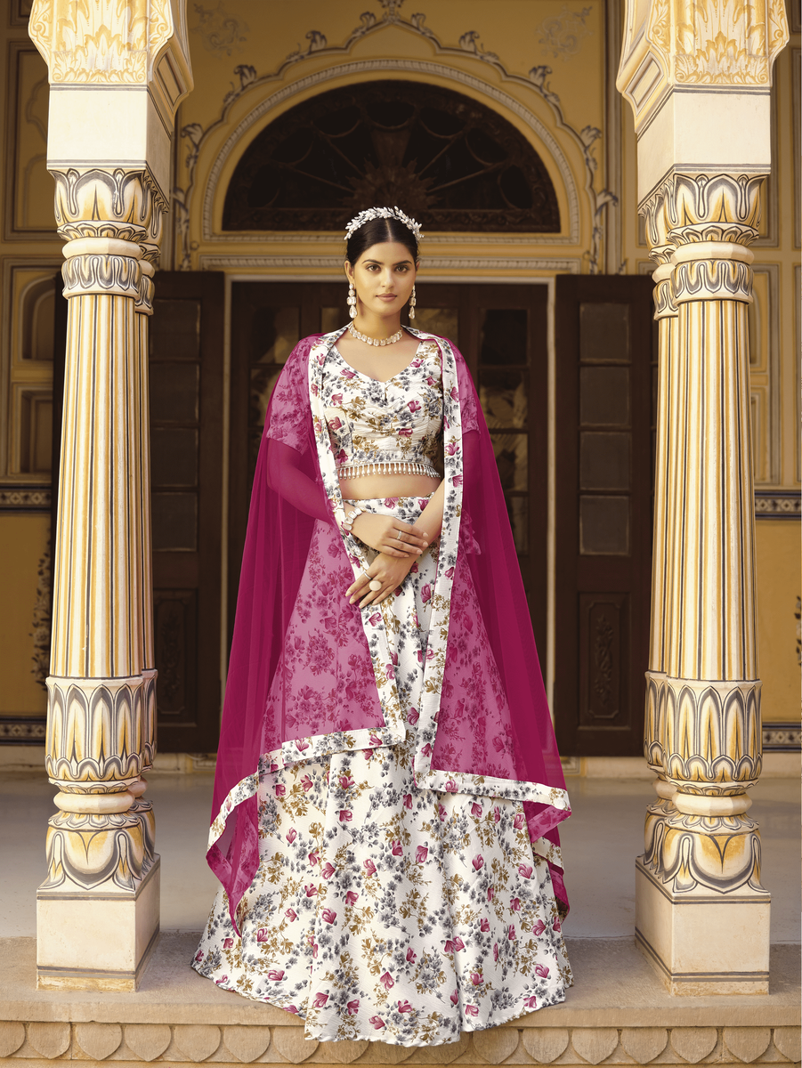 White Color Art Silk Fabric Printed Sangeet Wear Lehenga Choli