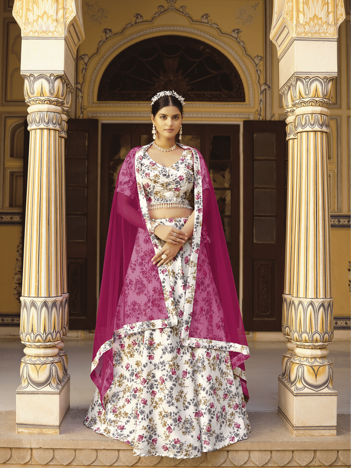 White Color Art Silk Fabric Printed Sangeet Wear Lehenga Choli