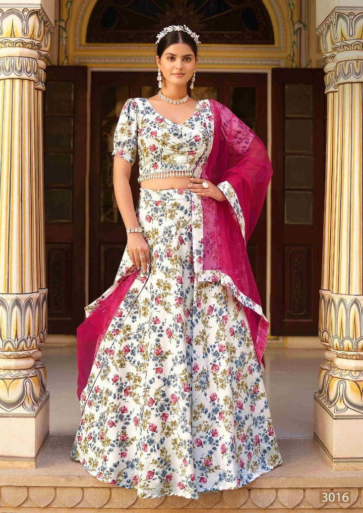 Beautiful white color art silk fabric printed lehenga choli for sangeet wear