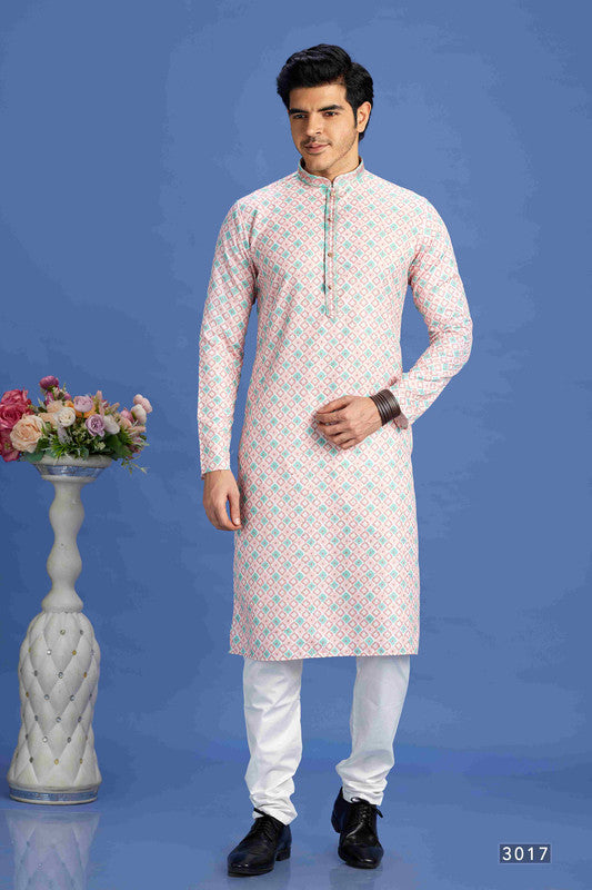 Men's Peach Cotton Embroidery Collar Neck Pajama Set