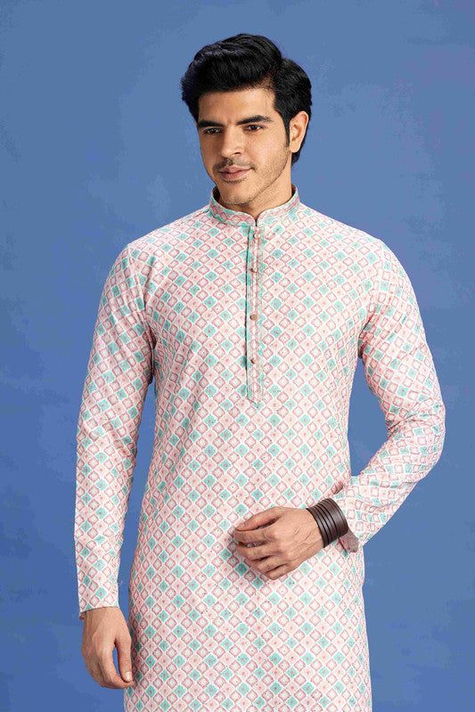 Men's Peach Cotton Embroidery Collar Neck Pajama Set