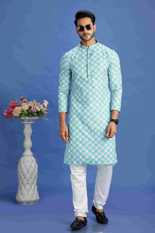 Men's Teal Green Cotton Embroidery Collar Neck Pajama Set