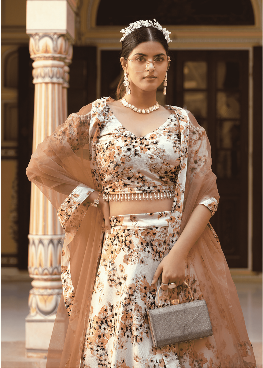 Beige Color Art Silk Fabric Printed Sangeet Wear Lehenga Choli