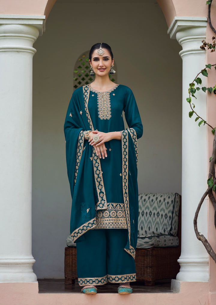 Teal Real Georgette Embroidery and Sequence work Palazzo Suit