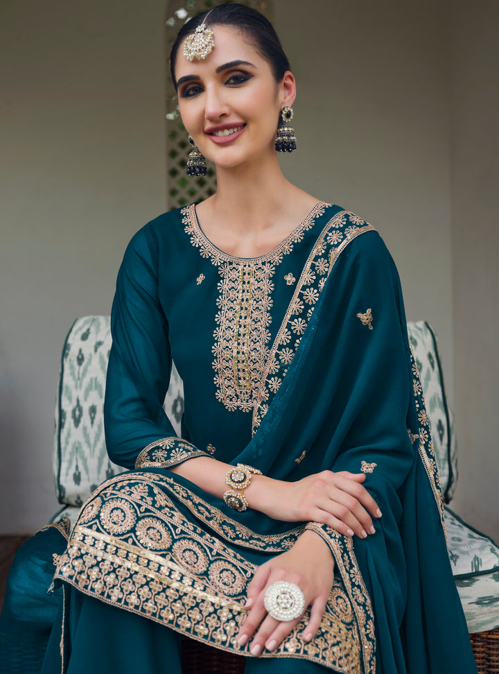 Teal Real Georgette Embroidery and Sequence work Palazzo Suit