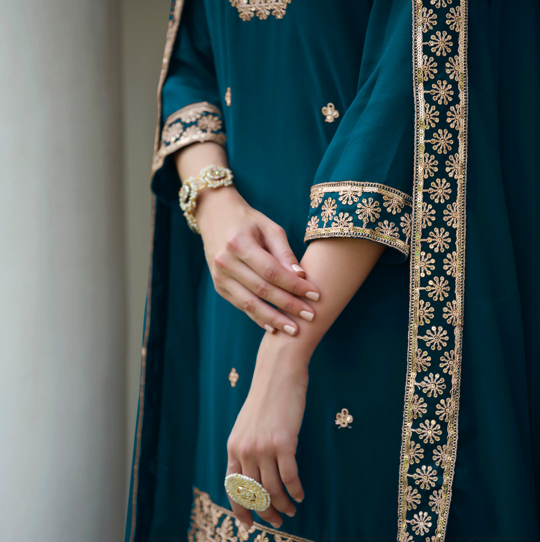 Teal Real Georgette Embroidery and Sequence work Palazzo Suit