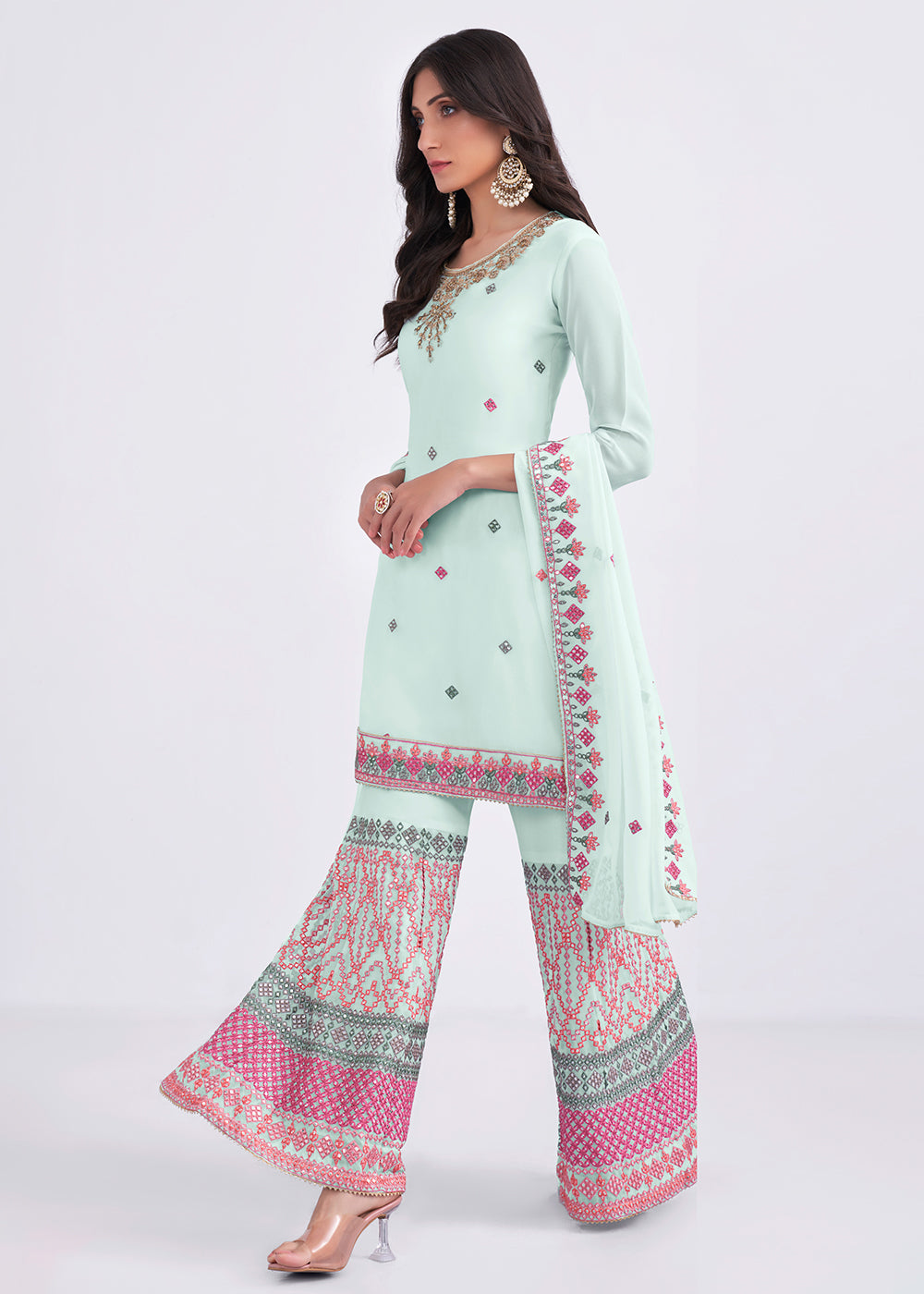 Arctic Blue Designer Georgette Embroidered Suit By Qivii