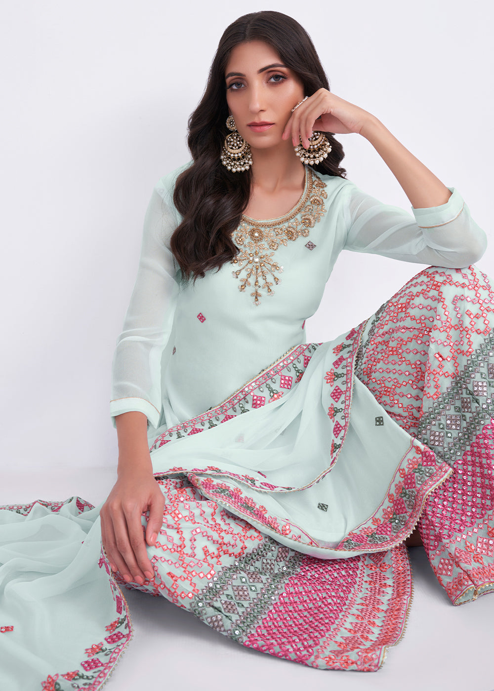 Arctic Blue Designer Georgette Embroidered Suit By Qivii