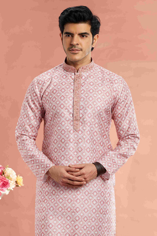 Men's Light Pink Cotton Thread Work Collar Neck Pajama Set