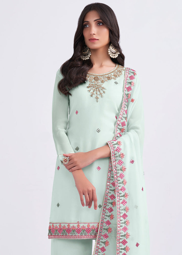 Arctic Blue Designer Georgette Embroidered Suit By Qivii