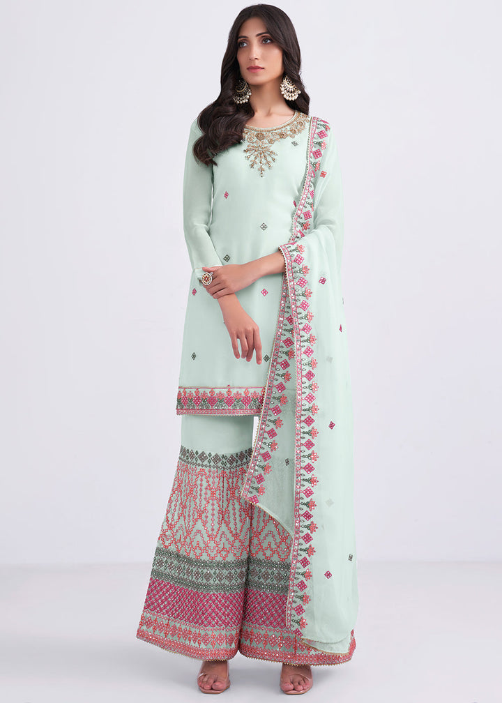 Arctic Blue Designer Georgette Embroidered Suit By Qivii