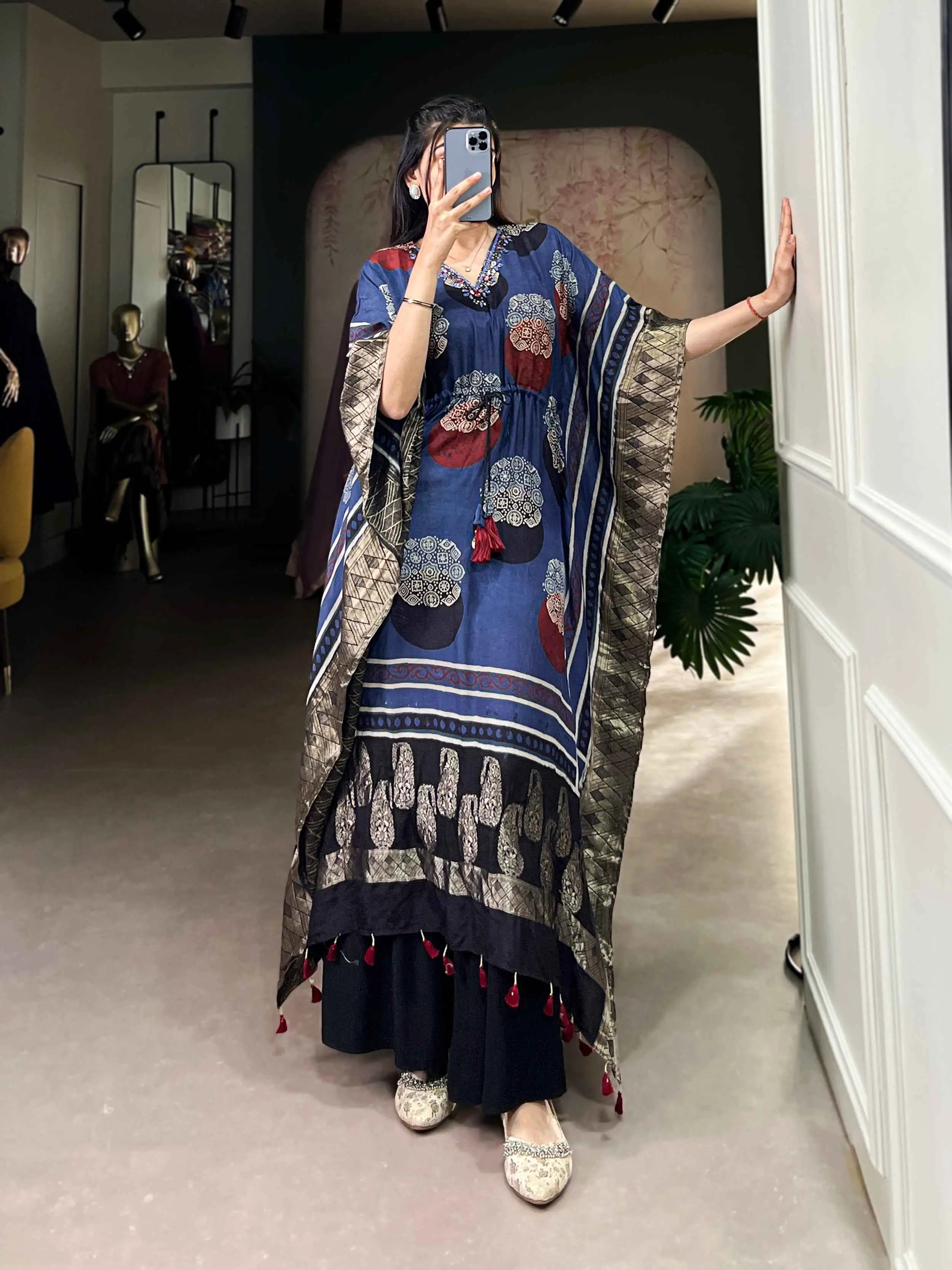 Blue Real Mirror And Hand Work With Zari Border Kaftan - qivii