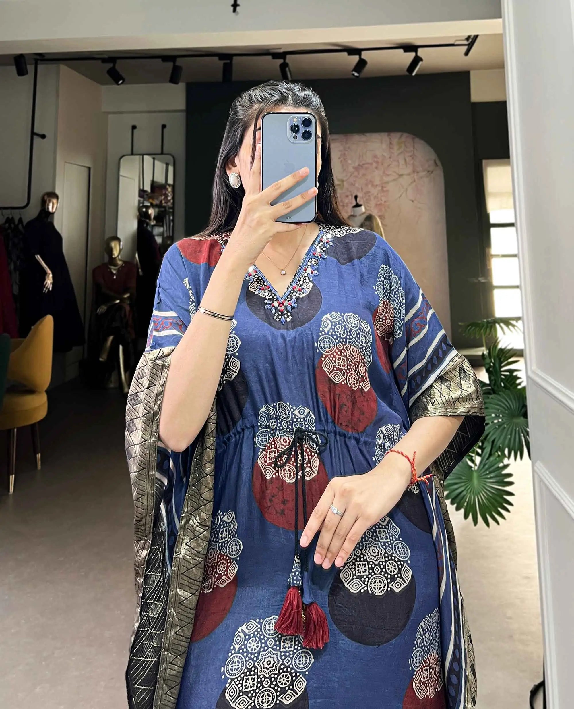 Blue Real Mirror And Hand Work With Zari Border Kaftan - qivii