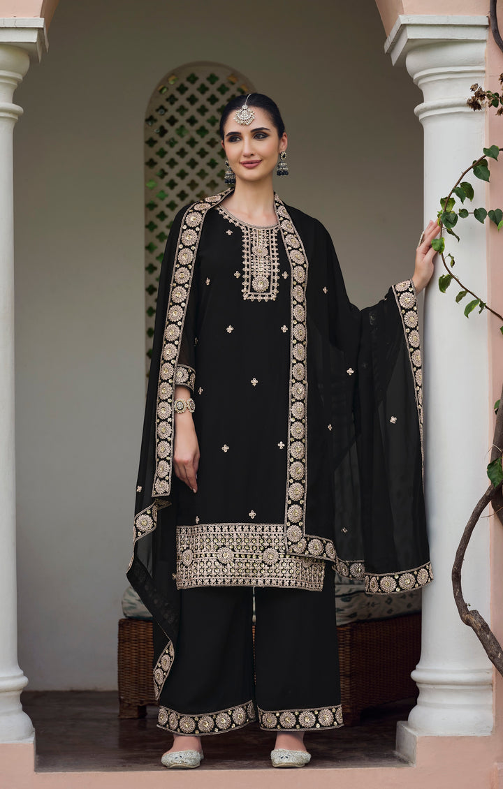 Black Real Georgette Embroidery and Sequence work Palazzo Suit