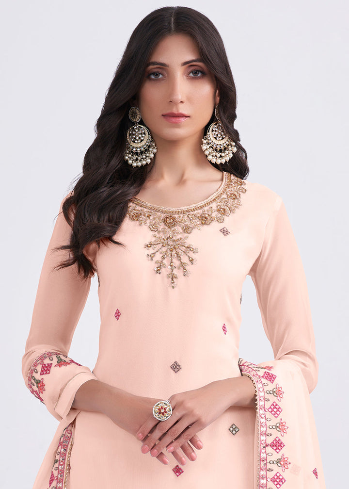 Peach Pink Designer Georgette Embroidered Suit By Qivii