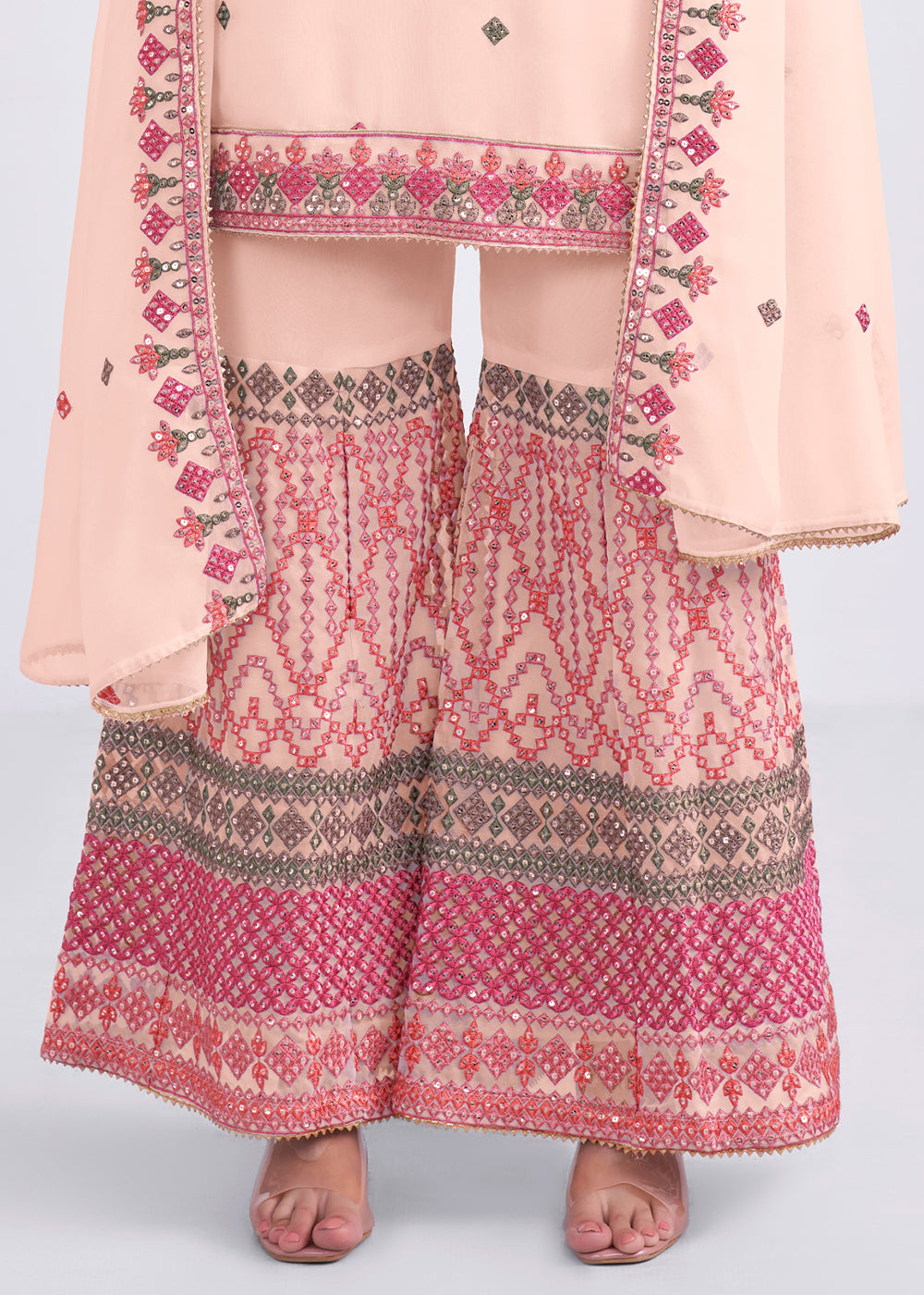 Peach Pink Designer Georgette Embroidered Suit By Qivii