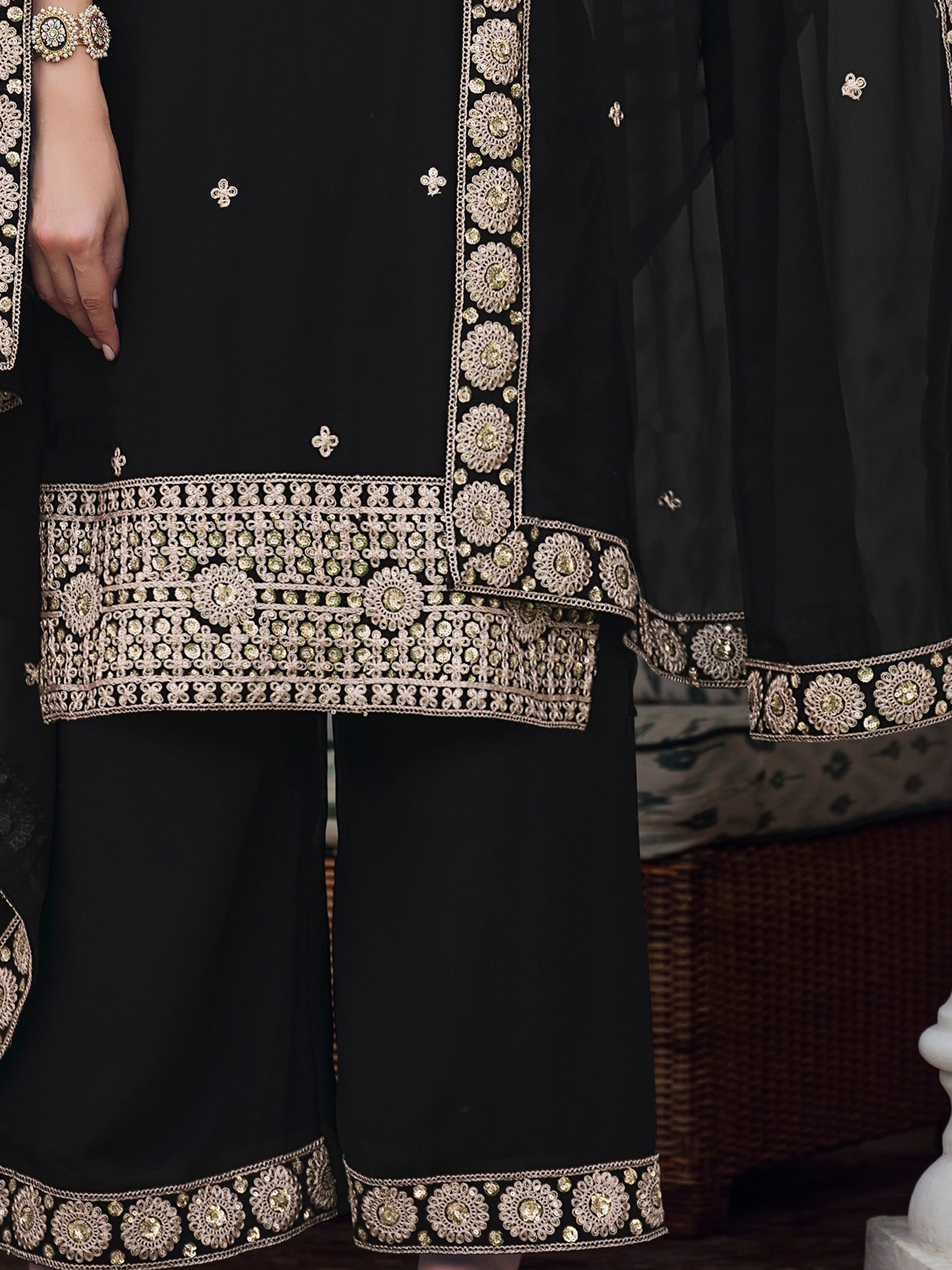 Black georgette palazzo suit with sequin and embroidered detailing, designed for a unique and memorable look
