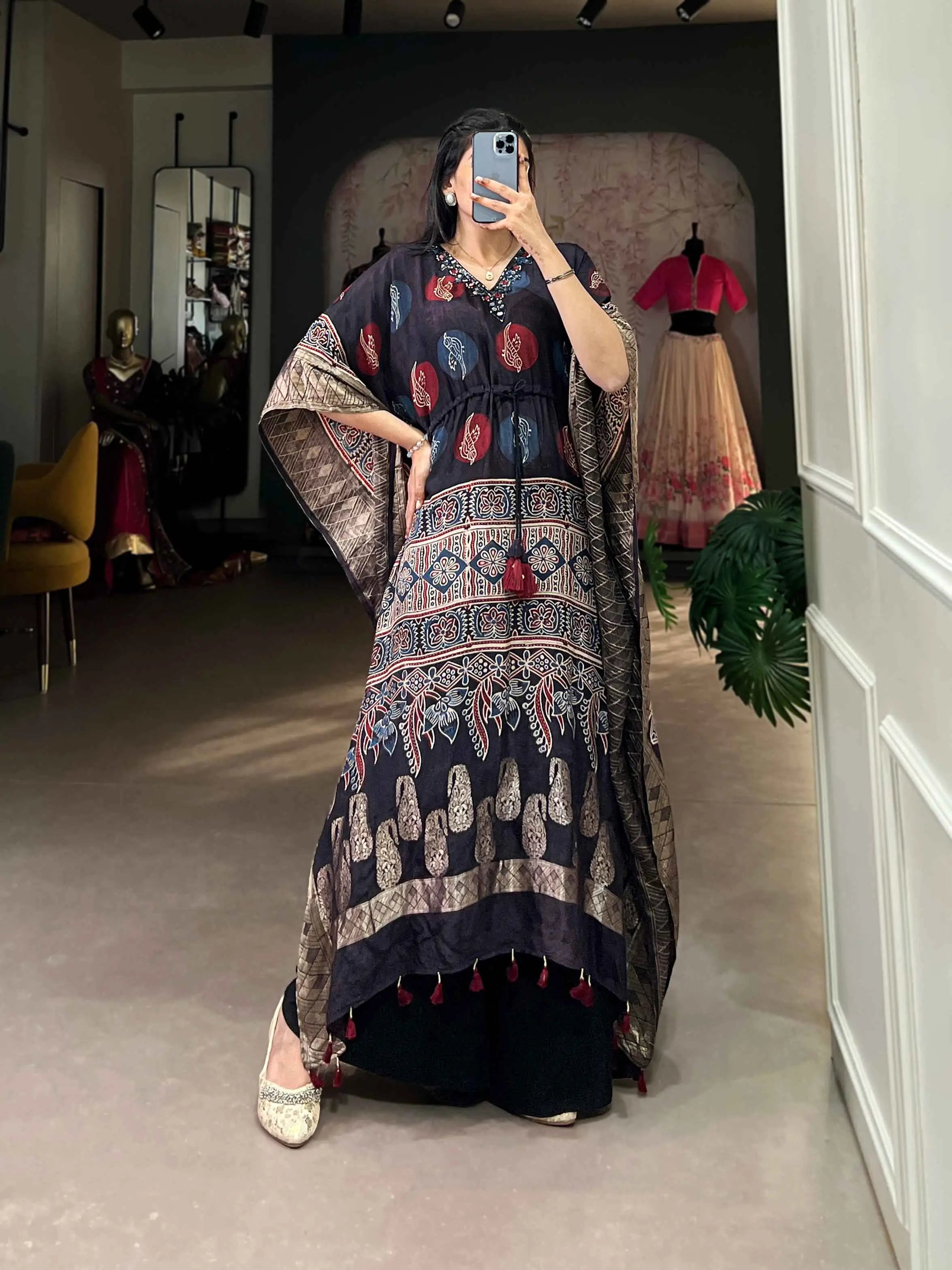 Black Real Mirror And Hand Work With Zari Border Kaftan - qivii