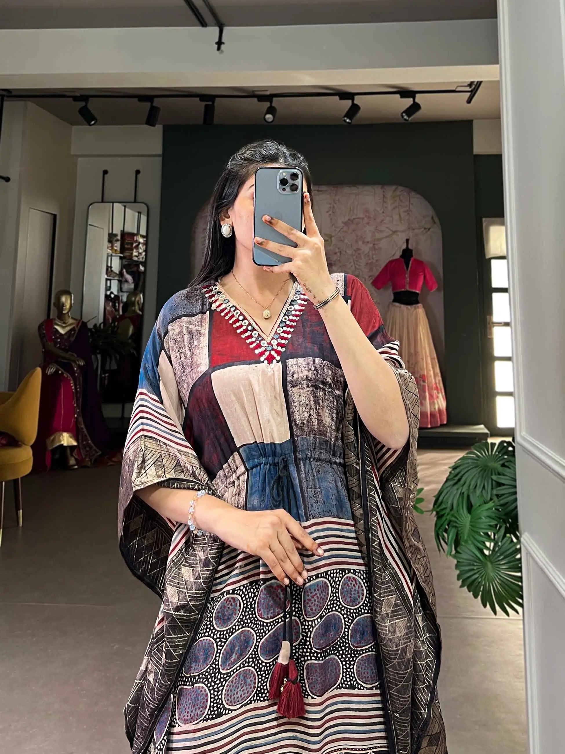 Designer Multi Color Real Mirror Hand Work With Zari Border Kaftan - qivii