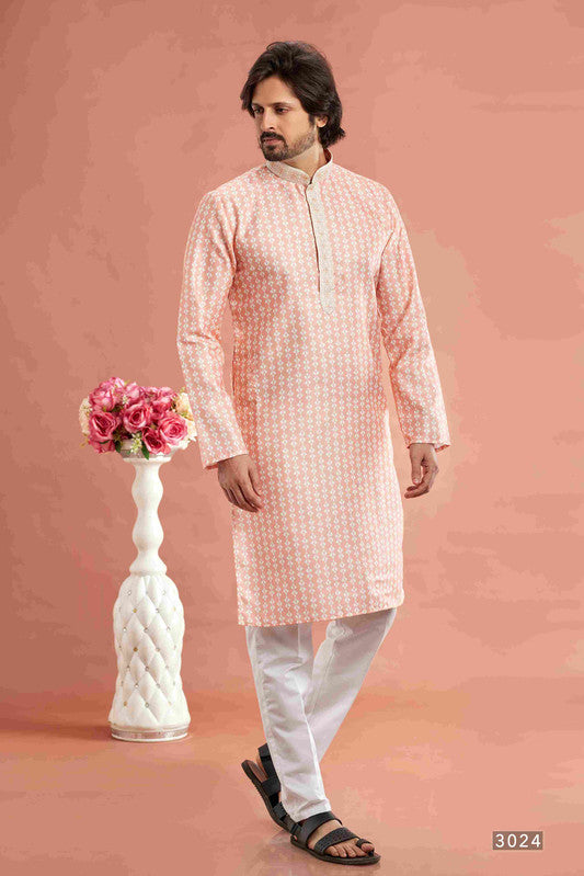 Men's Peach Cotton Thread Work Collar Neck Pajama Set