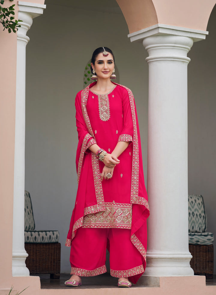 Pink Real Georgette Embroidery and Sequence work Palazzo Suit