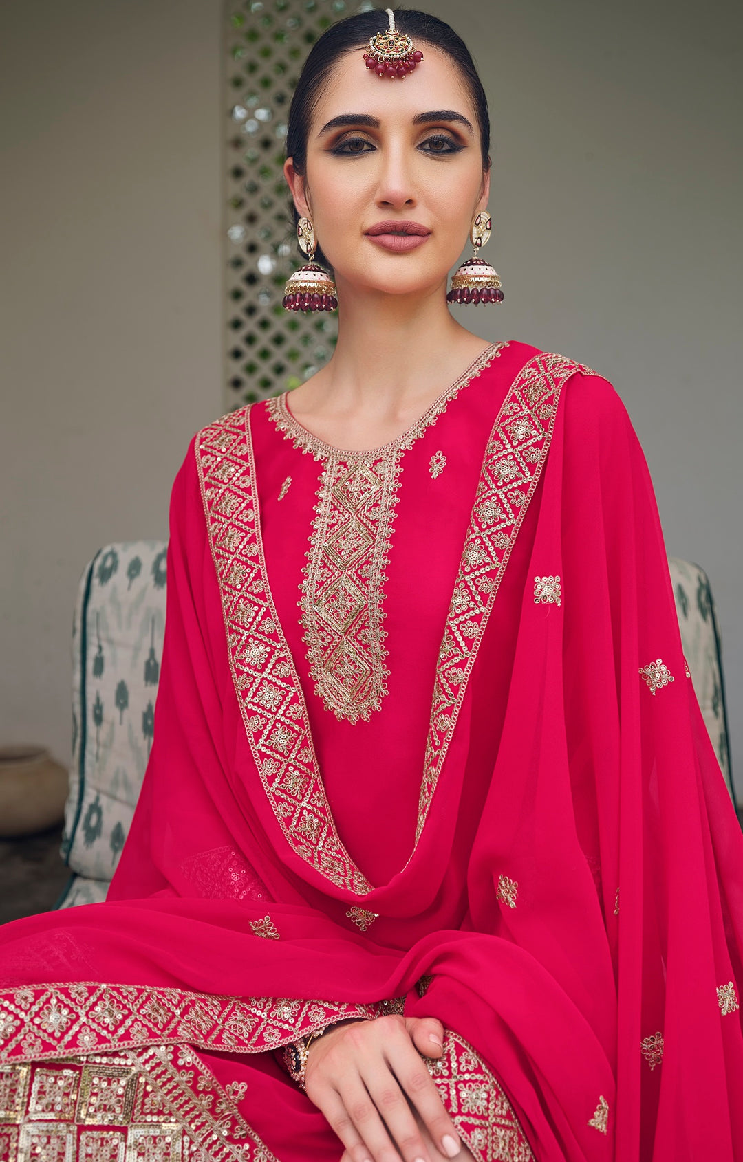 Pink Real Georgette Embroidery and Sequence work Palazzo Suit